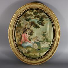 Pair Silkwork Embroidered Pictures of Shepherd Shepherdess - 4323656