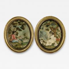 Pair Silkwork Embroidered Pictures of Shepherd Shepherdess - 4326708