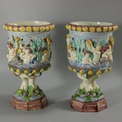 Pair Thomas Sergent Palissy Majolica Mythological Vases - 3390434