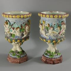Pair Thomas Sergent Palissy Majolica Mythological Vases - 3390436
