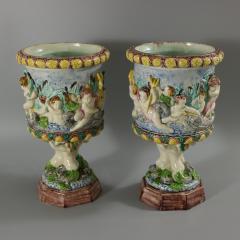 Pair Thomas Sergent Palissy Majolica Mythological Vases - 3390438