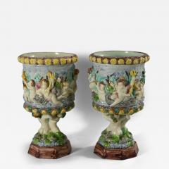 Pair Thomas Sergent Palissy Majolica Mythological Vases - 3392195