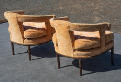 Pair Vintage Wood Salmon Upholstery Ornate Barrel Form Lounge Chairs - 4085084