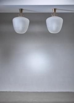 Pair large Art Deco frosted glass and brass pendants - 1199147