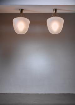 Pair large Art Deco frosted glass and brass pendants - 1199148
