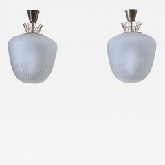 Pair large Art Deco frosted glass and brass pendants - 1200857