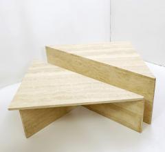 Pair low triangular travertine tables up up 1970s - 1930419