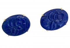 Pair of 14k Gold and carved Lapis Lazuli floral earrings - 3726875