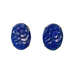 Pair of 14k Gold and carved Lapis Lazuli floral earrings - 3728697