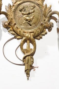 Pair of 1890s French Two Light Brass Sconces with Ribbon Cherubs and Satyrs - 3427054