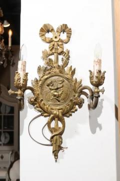 Pair of 1890s French Two Light Brass Sconces with Ribbon Cherubs and Satyrs - 3427063