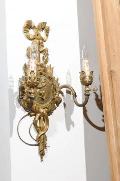 Pair of 1890s French Two Light Brass Sconces with Ribbon Cherubs and Satyrs - 3427101