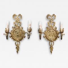 Pair of 1890s French Two Light Brass Sconces with Ribbon Cherubs and Satyrs - 3435434