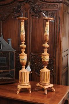 Pair of 18th Century Neoclassical Painted and Gilded Candlesticks with Hoof Feet - 3451154