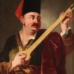 Pair of 18th century antique paintings portraits in traditional costume - 4092983