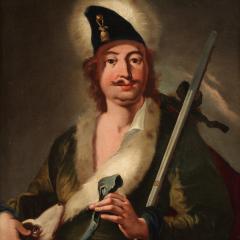 Pair of 18th century antique paintings portraits in traditional costume - 4092988