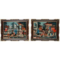 Pair of 19 century Chinese Reverse Painted Mirror Pictures - 1622563