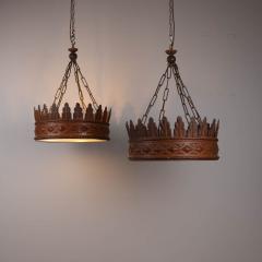 Pair of 1930s crown chanderliers pressed iron and glass - 4303892