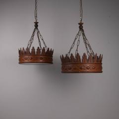 Pair of 1930s crown chanderliers pressed iron and glass - 4303893