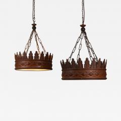 Pair of 1930s crown chanderliers pressed iron and glass - 4306035