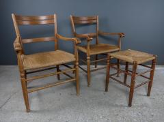 Pair of 1940s European Armchairs Side Stool Oak Corded Jute Seating - 2314032