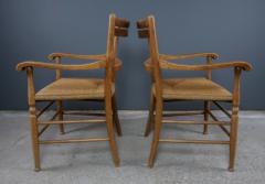 Pair of 1940s European Armchairs Side Stool Oak Corded Jute Seating - 2314035