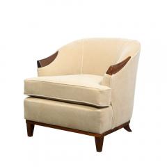 Pair of 1950s American Mid Century Modern Ecru Mohair Walnut Arm Chairs - 1866287