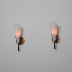 Pair of 1950s Italian Brass Wall Sconces with Opaline Glass Cone Shades - 4415046