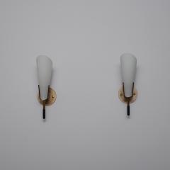 Pair of 1950s Italian Brass Wall Sconces with Opaline Glass Cone Shades - 4415048