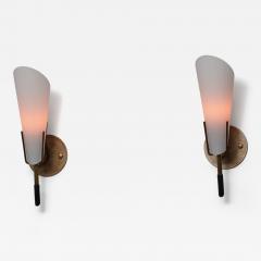 Pair of 1950s Italian Brass Wall Sconces with Opaline Glass Cone Shades - 4419598