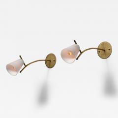 Pair of 1950s Italian Brass Wall Sconces with Opaline Glass Conical Shades - 4491157