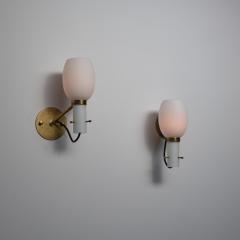 Pair of 1950s Italian Brass Wall Sconces with Opaline Glass Shades - 4429573
