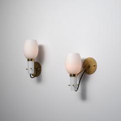 Pair of 1950s Italian Brass Wall Sconces with Opaline Glass Shades - 4429575