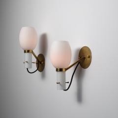 Pair of 1950s Italian Brass Wall Sconces with Opaline Glass Shades - 4429579