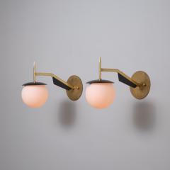 Pair of 1950s Italian Brass and Black Sconces with Opaline Glass Globes - 4387239