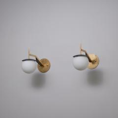 Pair of 1950s Italian Brass and Black Sconces with Opaline Glass Globes - 4387245
