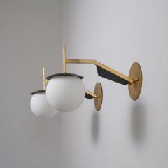 Pair of 1950s Italian Brass and Black Sconces with Opaline Glass Globes - 4387246