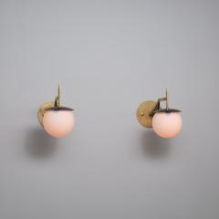 Pair of 1950s Italian Brass and Black Sconces with Opaline Glass Globes - 4387250