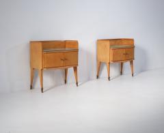 Pair of 1950s Italian Oak Bedside Tables with Gray Green Back Painted Glass Tops - 4409424