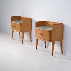 Pair of 1950s Italian Oak Bedside Tables with Gray Green Back Painted Glass Tops - 4409425