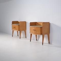 Pair of 1950s Italian Oak Bedside Tables with Gray Green Back Painted Glass Tops - 4409426