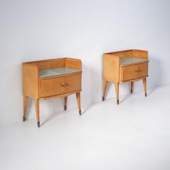 Pair of 1950s Italian Oak Bedside Tables with Gray Green Back Painted Glass Tops - 4409427