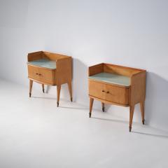 Pair of 1950s Italian Oak Bedside Tables with Gray Green Back Painted Glass Tops - 4409435