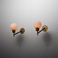 Pair of 1950s Italian Wall Sconces in Brass Black Steel and Opaline Glass - 4383208