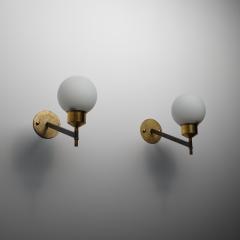 Pair of 1950s Italian Wall Sconces in Brass Black Steel and Opaline Glass - 4383210