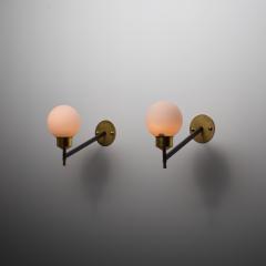 Pair of 1950s Italian Wall Sconces in Brass Black Steel and Opaline Glass - 4383214