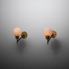 Pair of 1950s Italian Wall Sconces in Brass Black Steel and Opaline Glass - 4383215