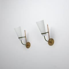 Pair of 1950s Italian Wall Sconces in Brass Green Metal and Opaline Glass - 4530533