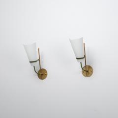 Pair of 1950s Italian Wall Sconces in Brass Green Metal and Opaline Glass - 4530534