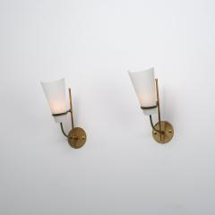 Pair of 1950s Italian Wall Sconces in Brass Green Metal and Opaline Glass - 4530536